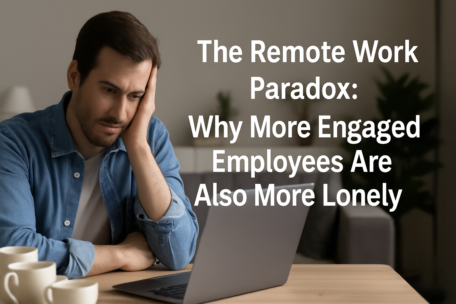Stressed remote worker at home sitting in front of a laptop with multiple coffee cups, showing signs of isolation and fatigue. Text overlay reads "The Remote Work Paradox: Why More Engaged Employees Are Also More Lonely."