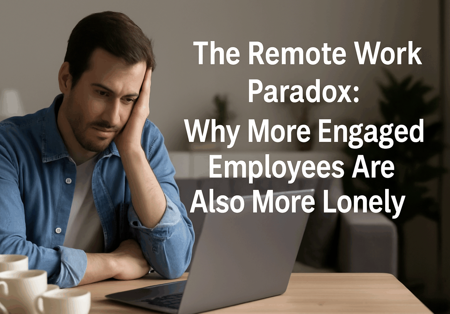 Stressed remote worker at home sitting in front of a laptop with multiple coffee cups, showing signs of isolation and fatigue. Text overlay reads "The Remote Work Paradox: Why More Engaged Employees Are Also More Lonely."